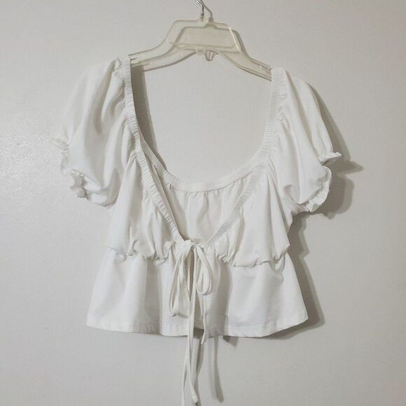 Shein Womens Sz Large White Puff Sleeve Peplum Tie Front Crop Top - Picture 3 of 9